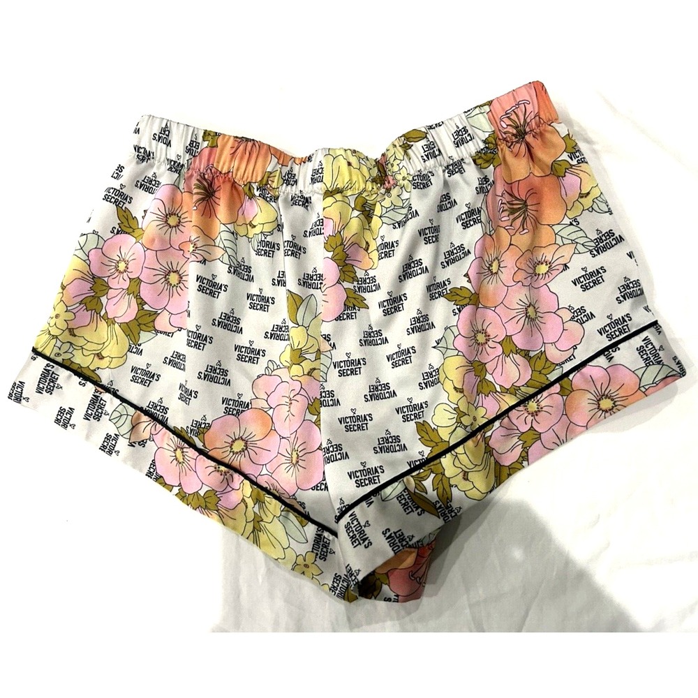 Victoria Secret Logo Satin Pajama Shorts Cute Floral XSmall Sleepwear Lounge PJs